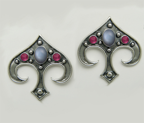 Sterling Silver Gothic Inspired Drop Dangle Earrings With Grey Moonstone And Pink Tourmaline
